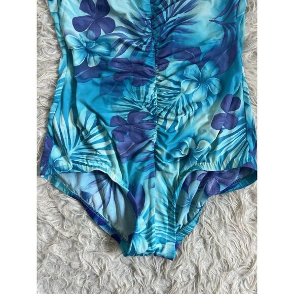 Maxine Womens Vintage Blue Tropical Floral Shirred Front One Piece Swimsuit 16 - Picture 11 of 14
